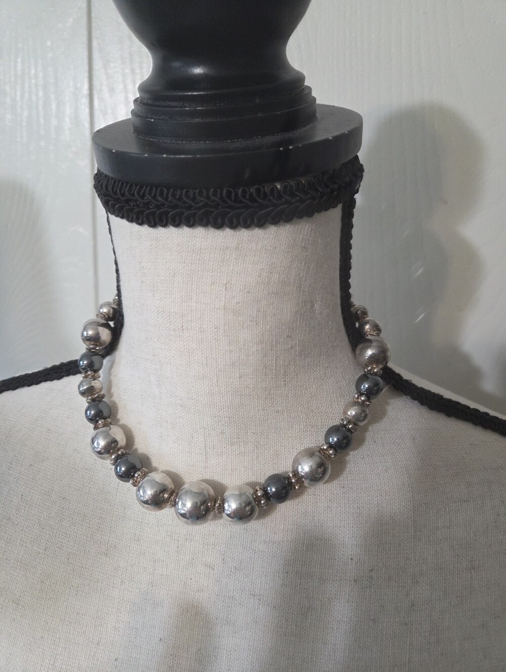 vtg 950 pure silver round beaded ball hematite necklace 14in 48.45g artisan made